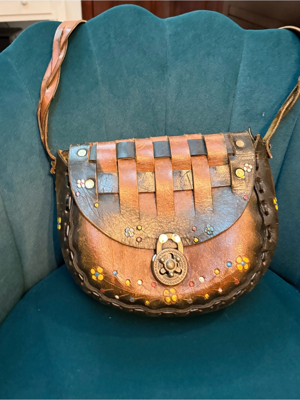 Vintage Mexico Leather Shoulder Bag Hand Painted Woven Handcrafted